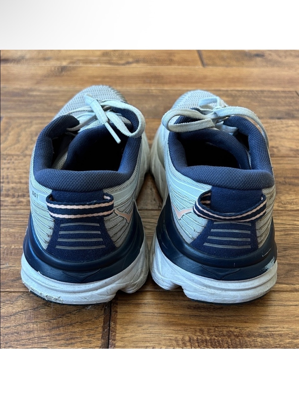 Hoka One One Women's Running Shoes in Light Gray, Navy, and Coral Accent - Picture 8 of 11